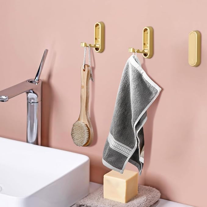 3 Pcs Folding Wall Hooks, Heavy Duty Metal Coat Hooks for Bedroom Closet, Bathroom Towel Hanger Wall Mounted Kitchen Hooks for Hanging Aprons, Brushes, Umbrellas, Keys, Hat, Bags (Gold)
