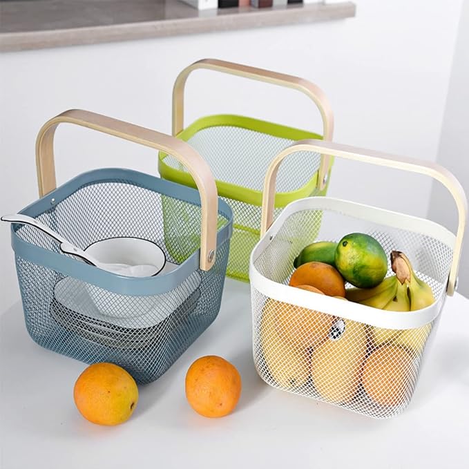 Mesh Steel Storage Organizer Basket Fruit Basket Bin with Wood Handle Ideal for Kitchen Bathroom Picnic Baskets Pantry Cabinets Storage Home Decor (Light Blue)