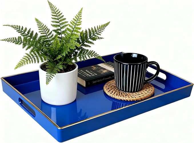 Zosenley Decorative Tray, Rectangular Plastic Tray with Handles, Modern Vanity Tray and Serving Tray for Bathroom, Kitchen, Ottoman and Coffee Table, 15.6â x 10.2â (Drak Blue)