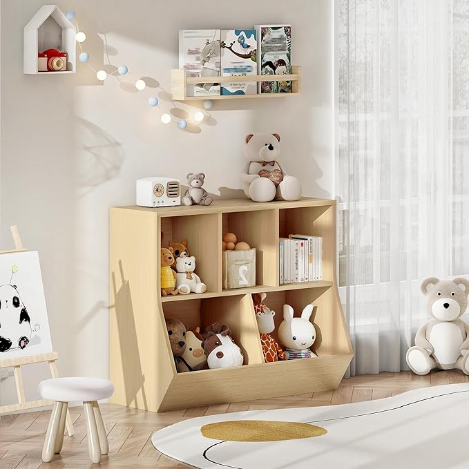 HOOBRO Kids Bookshelf, Bookcase Footboard, Toy Storage Cubby, Children's Toy Shelf, 35.4" L Storage Cabinet, Fit for Children's Room, Playroom, Hallway, Kindergarten, Natural NL32CW01