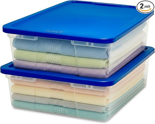 HOMZ 2-Pack Snaplock, Small Clear Plastic Storage Organizer Bins with Lids, 28 Quart, Blue - Stackable Container Boxes for Bedroom, Bathroom, Garage, and Office Organization