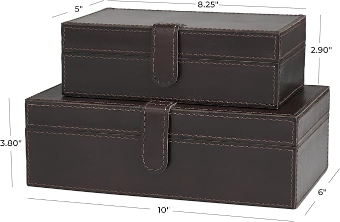 Deco 79 Leather Handmade Decorative Box Storage Decorative Keepsake Boxes with Snap Front Closure and Detailed Stitching, Set of 2 Storage Boxes 10", 8"W, Dark Brown