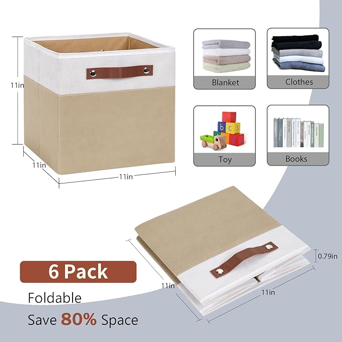 HNZIGE Cube Storage Organizer Bins,Shelf Fabric Storage Bin 11 x 11, 6 PCS Canvas Linen Organizers Bins,Decorative Storage Cube Bin for Storage Blanket Home, Office(White Beige)