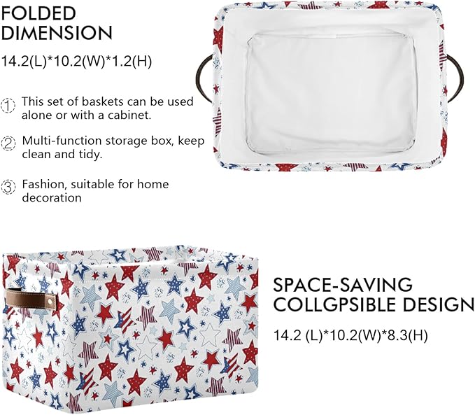 Bolaz Large Storage Basket White American Flag Usa Stars Foldable Storage Box Organizer Bins with Handles for Bedroom Home Office