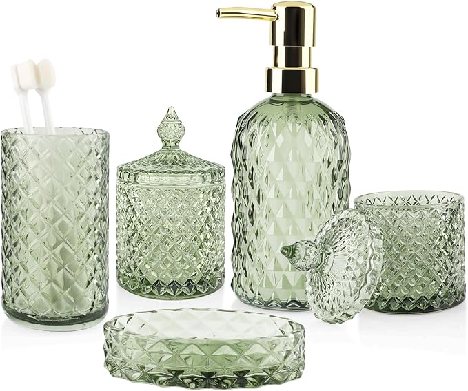 5Pcs Glass Bathroom Accessories Set,Green Vintage Bathroom Accessory Set, Bathroom Counter Sink Toothbrush Holder Set Includes Hand/Lotion Soap Dispenser & Tumbler & Soap Dish & Qtip Holders