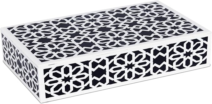 Handicrafts Home Decorative Storage Box with Lid – Black White Islamic Floral Geometry Remote Control Box, Slim Persian Mosaic Storage Box for Shelf, Desk & Living Room Decor – Shiraz 8 x 6 x 1.5