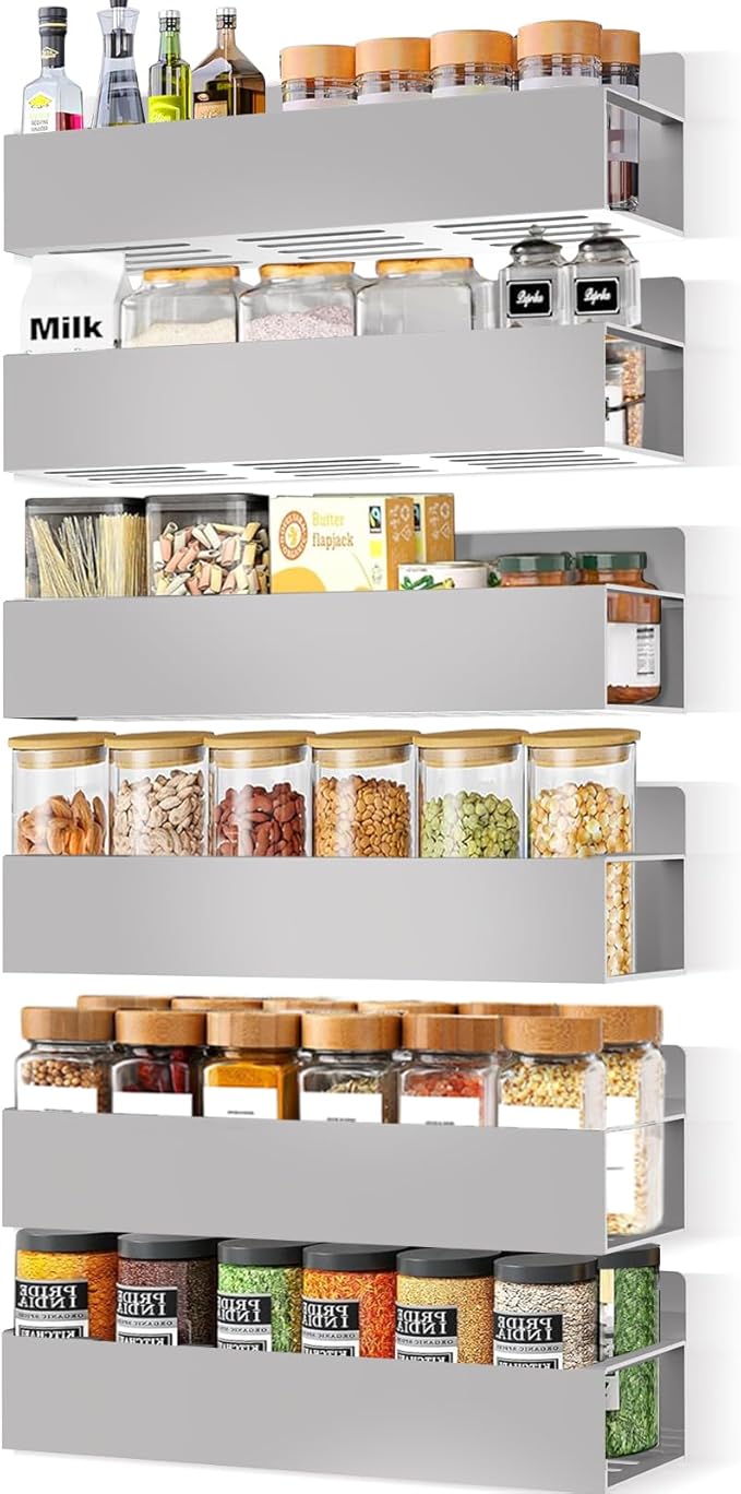 Magnetic Spice Rack Organizer for Fridge Seasoning Organizer for Kitchen storage with Screw Magnetic Shelf with Hook for Refrigerator and Oven (6pack-Grey)