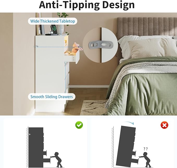 4 Drawer Dresser with Charging Station and LED Lights, Modern Chest of Drawers with Power Outlet, Organizer Cabinet for Bedroom, Living Room, Entryway, White