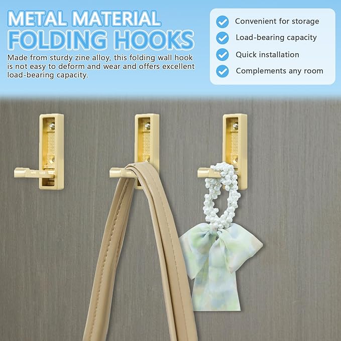 4PCS Magnetic Folding Wall Hooks, Heavy Duty 30LB Zinc Alloy Foldable Coat Hooks for Hanging Towels, Coats, Bags, Keys - Space Saving Gold Wall Mounted Hooks for Bathroom, Kitchen, Entryway, Closet