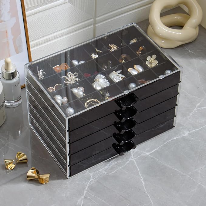 Earring Storage Box Organizer, Acrylic Jewelry Storage Box Holder 5 Drawers Transparent Jewelry Display Stand with 120 Small Compartments Gift Boxes for Women Girls (Black)