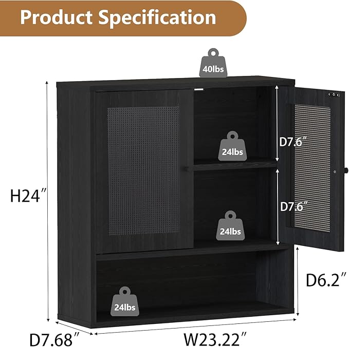 Bathroom Wall Cabinet, Wall-Mounted Rattan Medicine Cabinet with Double-Door, Floating Bathroom Cabinet Over Toilet for Laundry Room & Kitchen & Living Room 23.23 x 7.68 x 24 in