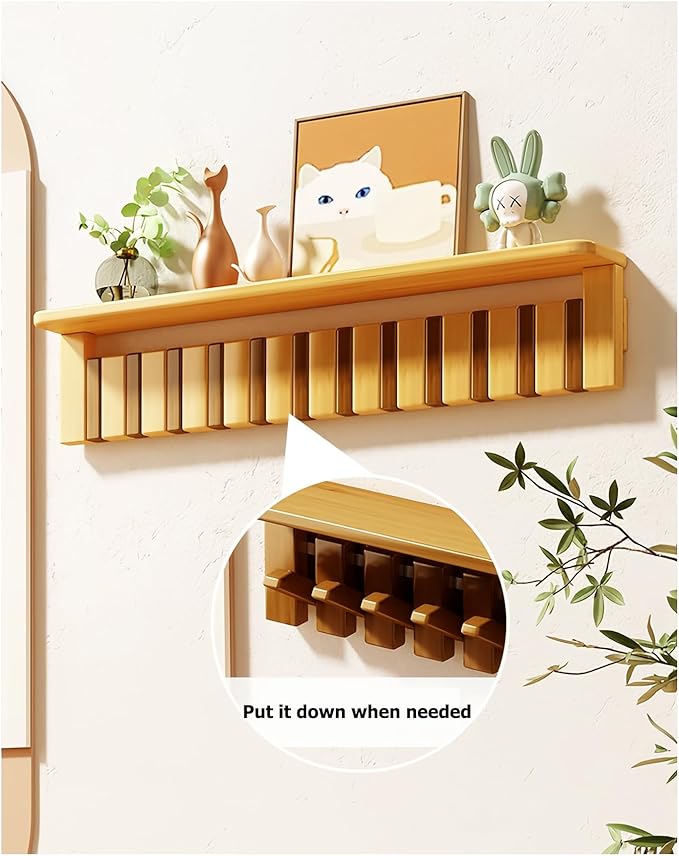 Wall Mounted Coat RackHooks Piano Key Hangers Natural Solid Wood Hanger Non-Woven Fabric Clothes Hangers for Closet, Kitchen, Bedroom, Bathroom, Entryway (Tray-Walnut, 6 Hooks)