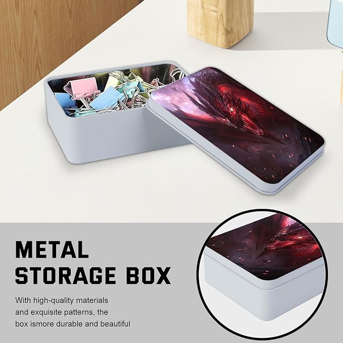 Metal Tin Box with Lid,Multi-functional Storage Large Box Can Store Tea Biscuits Game Cards, Playing & Tarot Cards-Comes with 4 Magnetic Cord Clips,Red Dragon Portrait