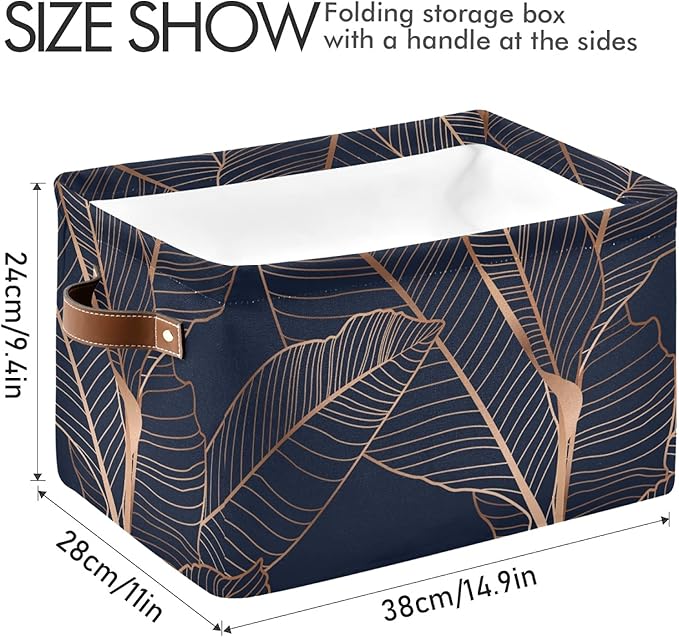 susiyo Gold Palm Leaves Navy Blue Closet Storage Bins with PU Handles, Foldable Fabric Storage Baskets for Shelves, Decorative Baskets Clothes Storage Baskets for Organizing-2Pack