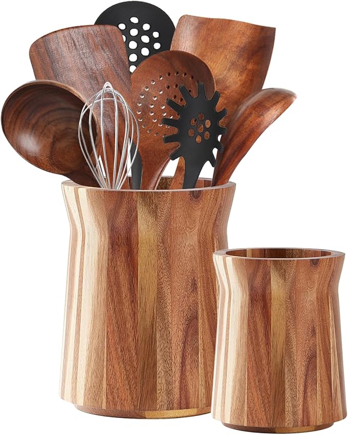 Acacia Wood Utensil Holder for Kitchen Counter, 360° Rotating 7.3" Large Wooden Utensil Holder,Kitchen Utensil Crock for Countertop,Cooking Utensil Storage Organizer,Farmhouse Kitchen Decor