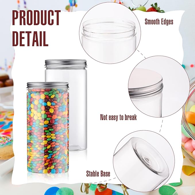Dandat 16 Pack 30 oz Plastic Jars with Lids Plastic Mason Bottles Container Canister Wide Mouth Cylinders Kitchen Home Organize Storage for Dry Good, Spice, Honey, Candy, Peanut Butter(Silver)