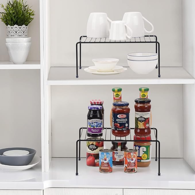 Set of 4 - Kitchen Storage Shelf Rack (13.1 x 10.2 Inch)/Plastic Feet - Medium - Steel Metal - Rust Resistant Finish - Cups, Dishes, Cabinet & Pantry Organization - Kitchen (Black)