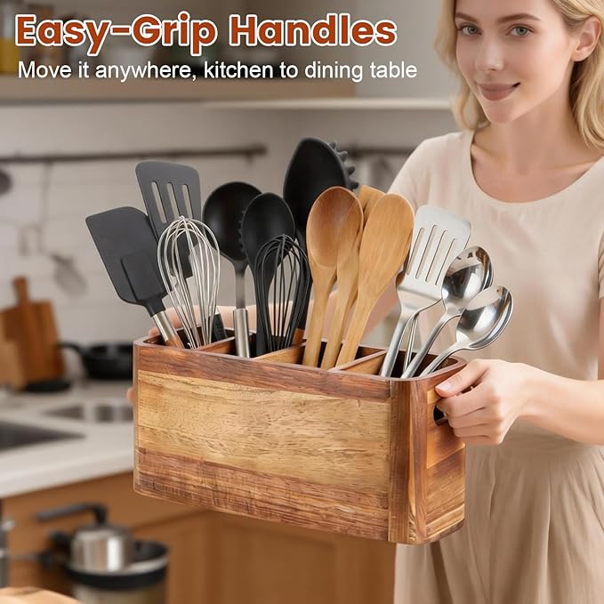 Kitchen Utensil Holder for Counter or Countertop, Large Wooden Utensil Holder with 4 Compartments, Acacia Wood Organizer for Cooking Utensils and Silverware, Ideal Gift for Kitchen Decor