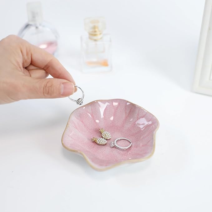 Pink Lotus Leaf Shape Ring Jewelry Dish Holder,Small Trinket Jewelry Tray,Decorative Jewelry Plate Bowl,Key Bowl,Birthday Engegament Gifts for Women Friends,Ceramic