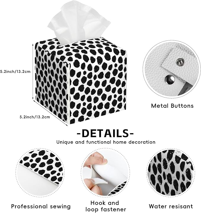 Abstract Black Dots Tissue Box Cover Square,Tissue Box Holder with Belt Bottom,Stylish Leather Napkin Holder for Vanity Countertop,Nightstands,Office Desk,5.2"Ã5.2"Ã5.2"