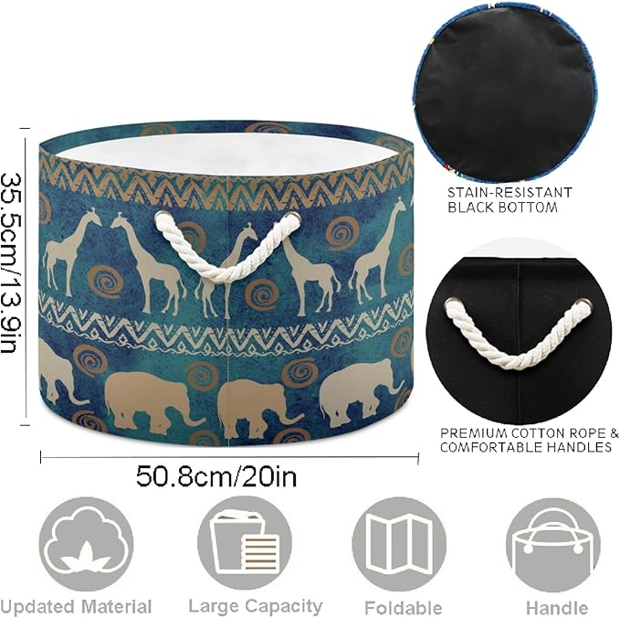 visesunny African Tribal Ethnic Elephant And Deer Collapsible Large Capacity Basket Storage Bin with Durable Cotton Handles, Home Organizer Solution for Office, Bedroom, Closet, Toys, Laundry