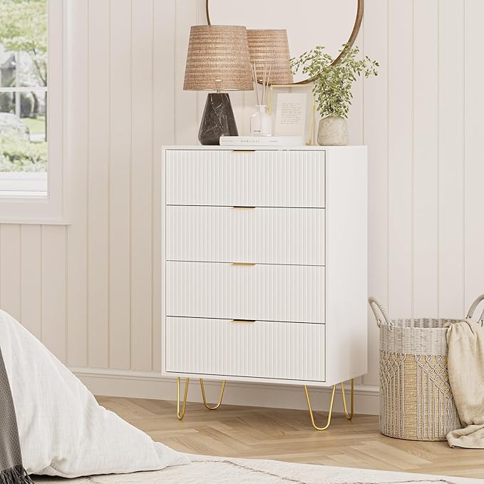 Masupu 4 Drawer Dresser, Drawer Chest, Tall Storage Chest Cabinet Organizer Unit with Metal Legs, Small Dresser for Bedroom, Living Room, Closet, Hallway White Stripe