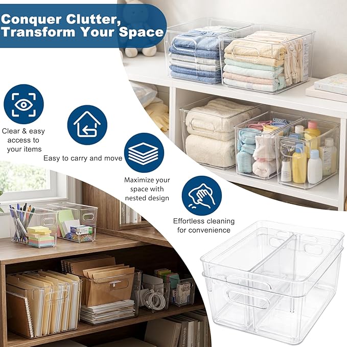 MOONEDGE 4 Pack Modular Clear Plastic Storage Organizer Bins â 2 Large & 2 Narrow, Nestable Space-Saving System for Pantry & Kitchen Storage, Fridge, Bathroom & Cabinet