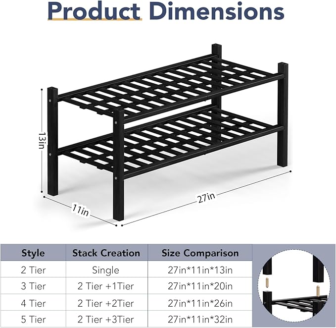 Haddockway 2 Tier Bamboo Shoe Rack Storage Organizer, Multifunctional Free Standing Stackable Shoe Shelf with Grid Panel for Closet,Hallway,Entryway,Small Space 27"x11"x13"