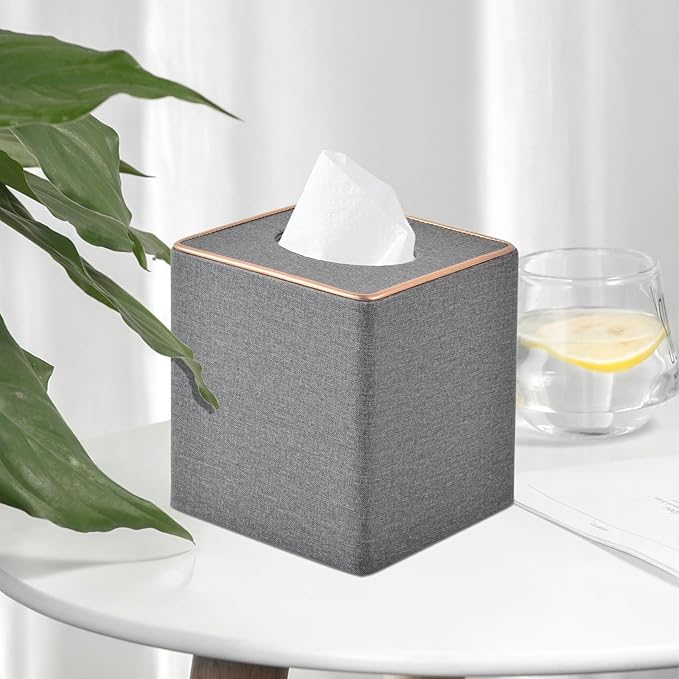 Linen Square Tissue Box Holder Cube Tissue Box Coverï¼Rosegold Leather Recorate,Napkin Holder Case Dispenser, Tissue Holders with Magnetic Bottom for Home Office Car Hotel Restaurant,Grey