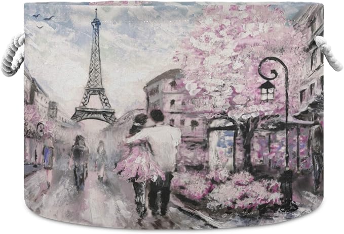 visesunny Storage Basket Oil Painting Paris Nursery Hamper Canvas Fabric Toy Storage Organizer Bin Storage Box Laundry Basket for Kid Rooms,Playroom,Shelves,Toy Basket