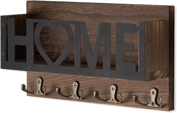 Wall Mount Mail and Key Holder, Wooden Mail Organizer with 4 Double Hooks, Black Metal Letters, Farmhouse Home Decor, Entryway Storage, 10.8 x 3.3 x 6.2 Inches