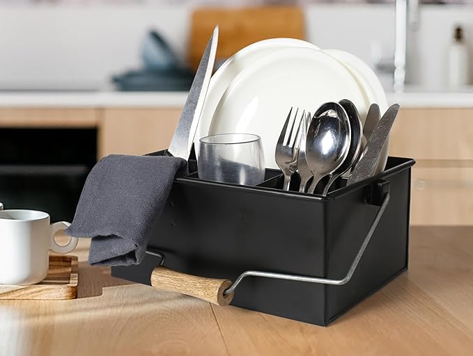 Alpha Living Home Heavy Duty Metal Alloy Utensil Silverware Caddy - 4 Compartment Flatware Organizer with Handle - Farmhouse Rustic Kitchen Storage for Countertop, Tabletop, Picnics & Parties (Black)
