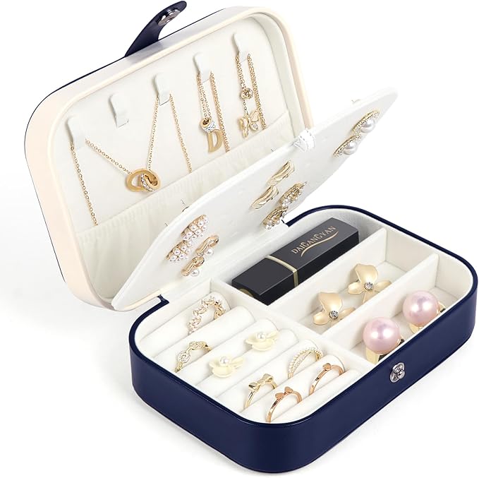 Travel Jewelry Box, Small Jewelry Organizer Boxes for Women Girls, 2 Layer Travel Jewlery Case, PU Leather Mini Portable Jewerly Storage Display Holder for Earrings, Ring, Necklaces, Bracelets - Blue