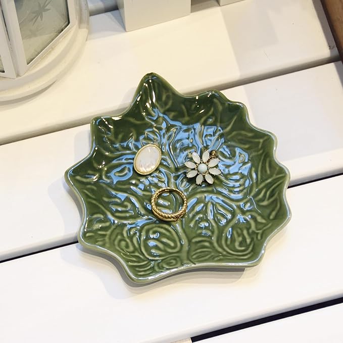 Jewelry Dish Trinket Tray for Women, Ring Dish Holder, Unique Leaf Shape Ceramic Plate Cute Things Vanity Aesthetic Room Decor Mother's Day Birthday Christmas Warm House Gifts (Green)