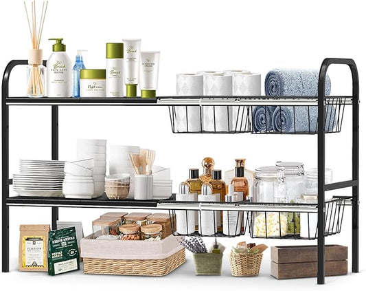 Expandable 2-Tier Under Sink Organizer, 8 Removable Plastic Boards, Tool-Free Installation (Black, 2-Tier 4 Boards and 4 Baskets)
