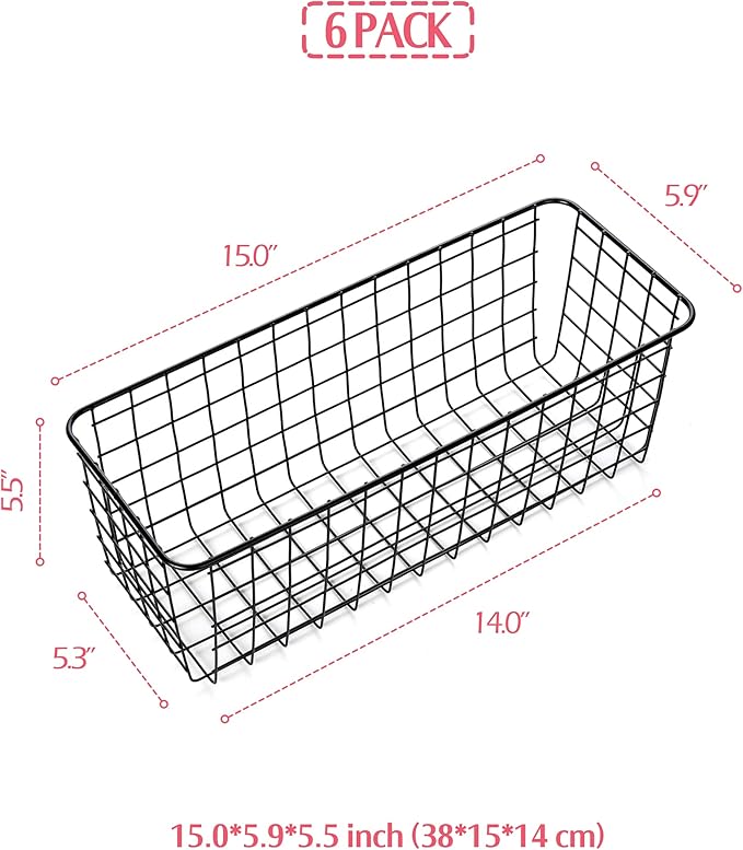 6 Pack Wire Storage Baskets Household Metal Wall-Mounted Containers Organizer Bins for Kitchen Bathroom Freezer Pantry Closet Laundry Room Cabinets Garage Shelf, Large