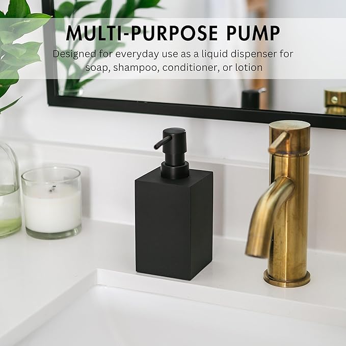 Matte Black Square Soap Dispenser for Kitchen & Bathroom – 15 oz Refillable Resin Pump Bottle for Dish Soap, Hand Soap, Shampoo, Conditioner – Modern Countertop Dispenser with Non-Slip Protective Pads