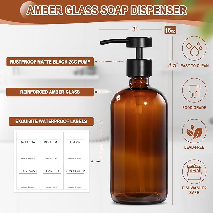 Amber Glass Soap Dispenser with Upgraded Flat Pump, Dish Soap Dispenser for Kitchen, Hand Soap Dispenser for Bathroom, Decorative Vase & Wood Riser Bathroom Decor(Amber02)
