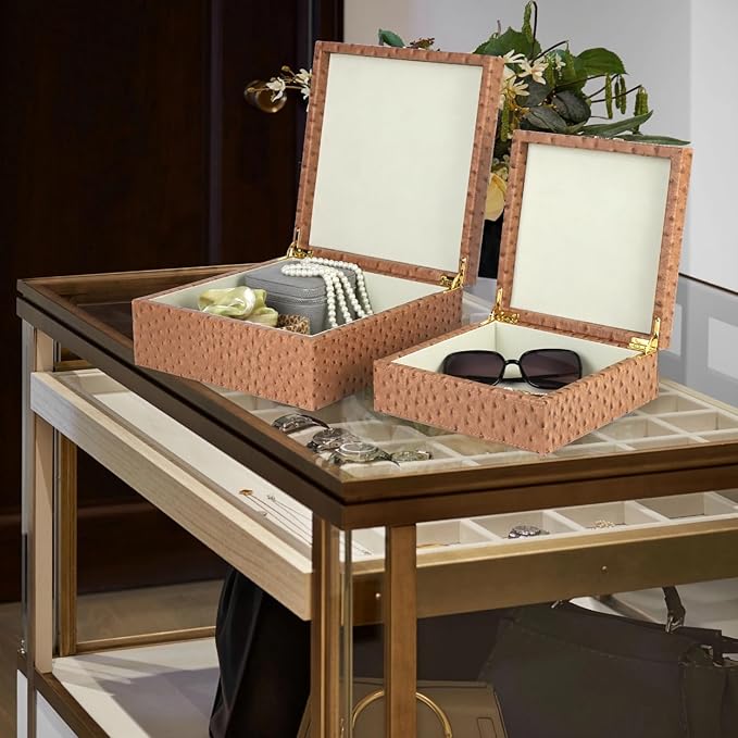 HofferRuffer Square Decorative Boxes, Set of 2 Nesting Storage Memory Keepsake Boxes with Lids, Stylish PU Leather Trinket Jewelry Organizer Box for Home Decor and Storage (Camel Ostrich)