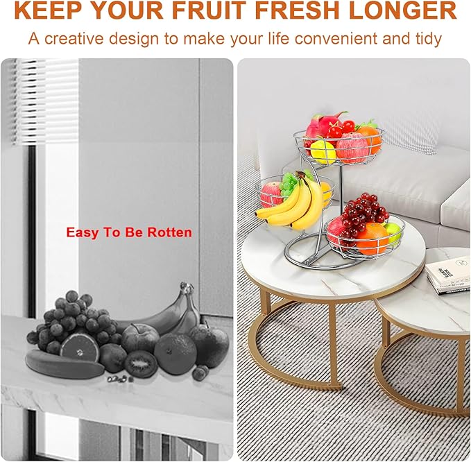Livabber Fruit Basket Bowl with Banana Hanger, Fruit Vegetable Storage Basket with Banana Tree Holder for Kitchen Counter, Detachable Organizer for Bread Snack Produce (Chrome, 3-Tier Metal Base)