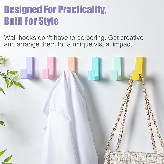 6 Pack Cute Kids Coat Wall Hooks Wooden Adhesive Decorative Colorful Wall Mounted Hangers Backpack Hooks for Hanging Keys Towel Clothes Bathroom Organization(Pastel)