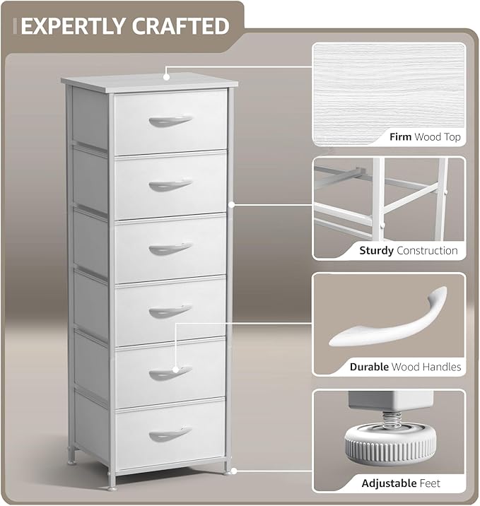 Sorbus Fabric Dresser for Kids Bedroom - Chest of 6 Drawers, Tall Storage Tower, Clothing Organizer, for Closet, for Playroom, for Nursery, Steel Frame, Fabric Bins - Wood Handle (White)
