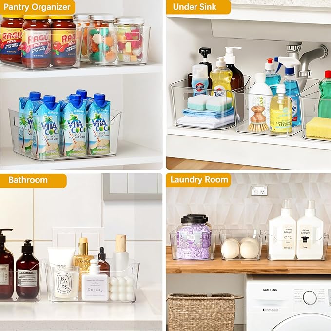 Hudgan 12 Pack Clear Pantry Organizer Bins, Plastic Storage Bins for Fridge, Plastic Pantry Organizer Containers for Home, Kitchen Cabinet, Bathroom Shelf, Under Sink and Drawers