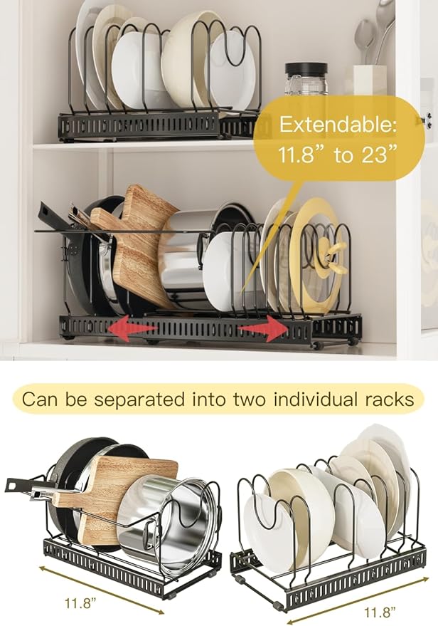 Pot and Pan Organizer for Cabinet & Drawer, Expandable Pan and Lid Rack with Handle Support Bar, Adjustable Cookware Storage for Pots, Lids, Bakeware