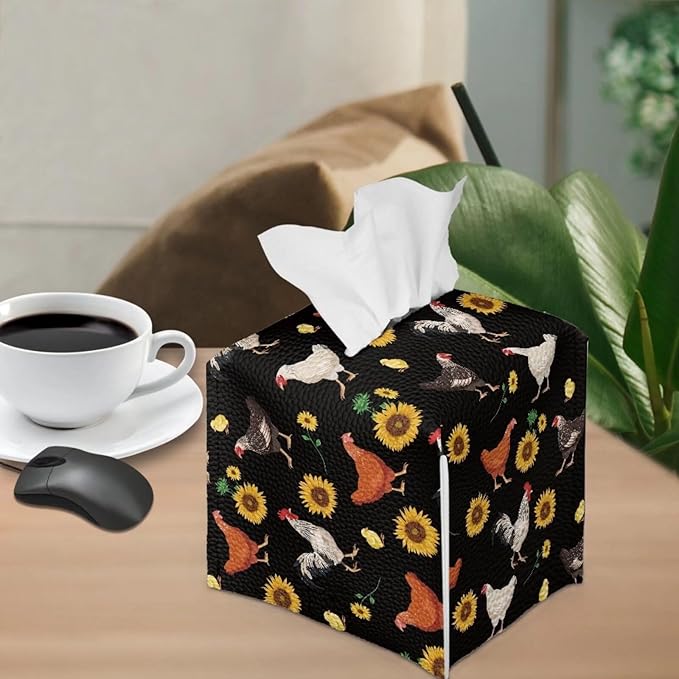 Rooster Chicken Sunflower Tissue Box Cover Modern Tissue Case Facial Paper Organizer Dispenser Square Decorative PU Leather Tissue Box Holder for Vanity Countertop