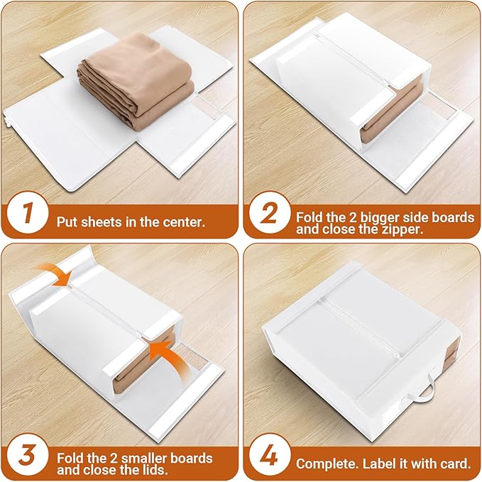4 Pack Bed Sheet Closet Organizers and Storage,Sturdy Foldable Storage Containers with Window and Label,Storage and Organization for Bedding Sheets,Duvet Covers,Blankets (White)