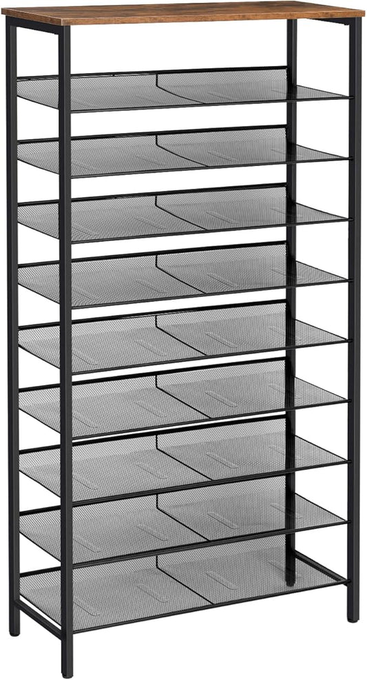 HOOBRO 10-Tier Shoe Rack, 29.5"L Shoe Shelf, Large Capacity Shoe Storage Organizer for 27+ Pairs of Shoes, Front Door Entrance, Entryway, Hallway, Closet, Space Saver, Rustic Brown and Black BF110XJ01