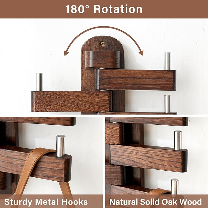 Swivel Coat Rack Oak Coat Hooks, Wood Wall Hooks with 5 Swivel Foldable Arms, 12'' Length Wall Coat Rack Hat Hooks for Bathroom Entryway Bedroom Office Kitchen, Heavy Duty (Walnut)