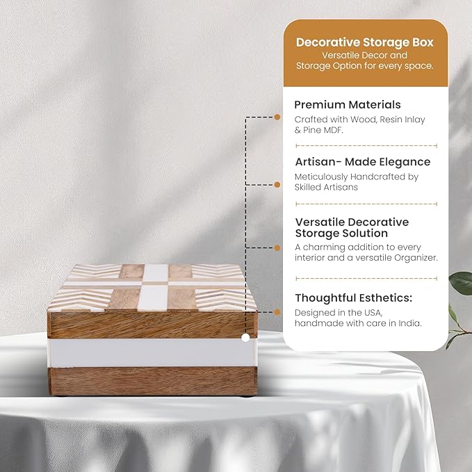 Handicrafts Home White Decorative Storage Box with Lid Wood Remote Control Box Coffee Table Storage Box Remote Holder for Living Room Decor â Resin Inlay Patisserie Adorn Collection- 8x5x2