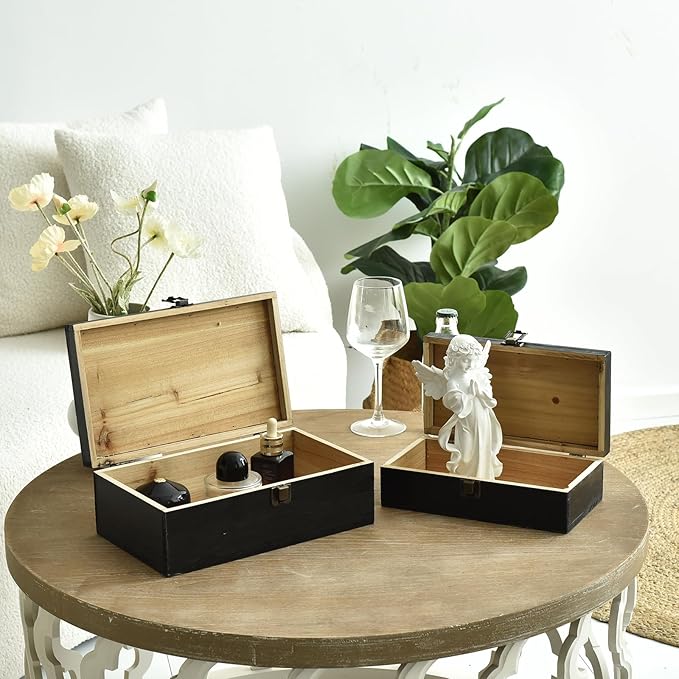 Decorative Storage Boxes with Hinged Lid, 2 Pcs Memory Box for Keepsakes, Wooden Treasure Chest Box, Large Vintage Craft Box Trunk Basket for Men, Kids, Jewelry, (Linen Lid, Black)